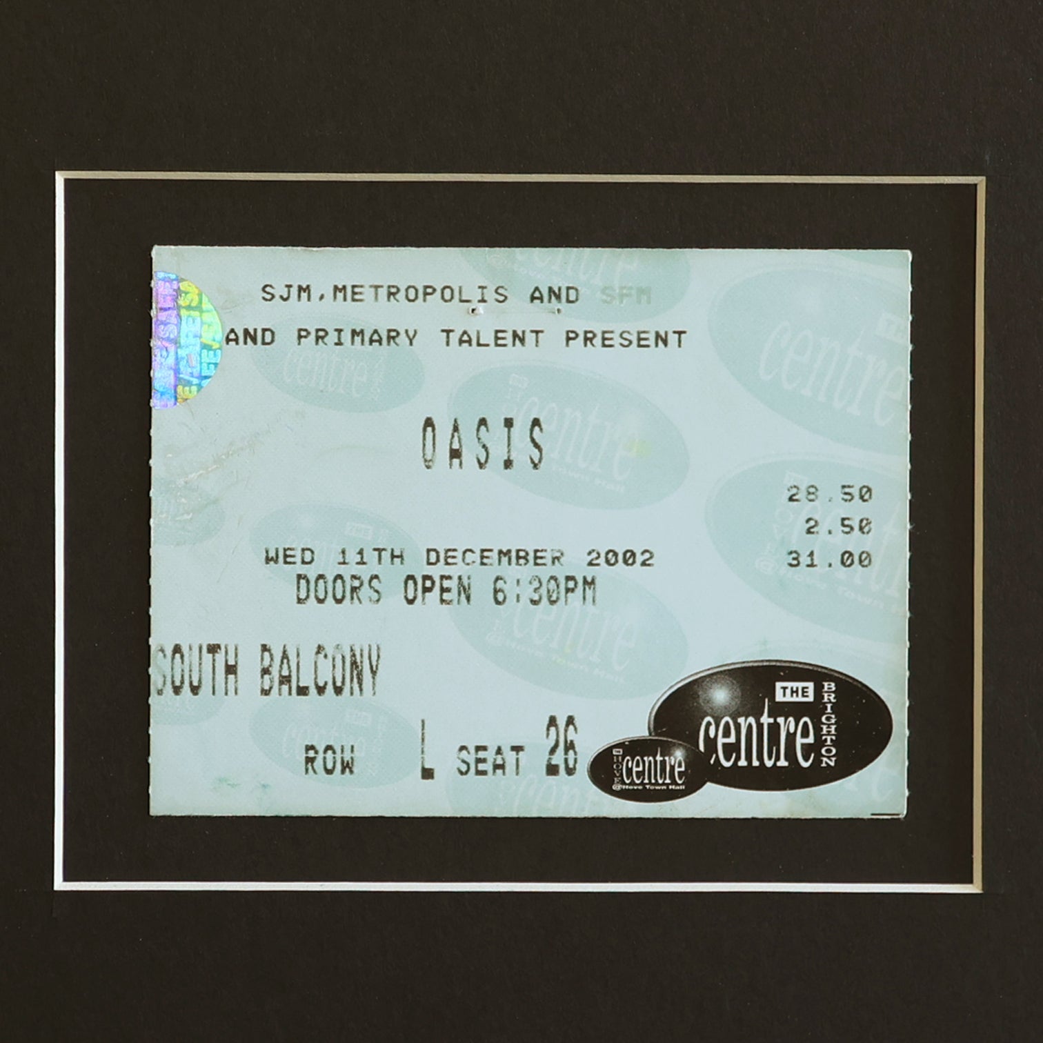 Oasis - Brighton Centre 2002 Framed Ticket - New Item